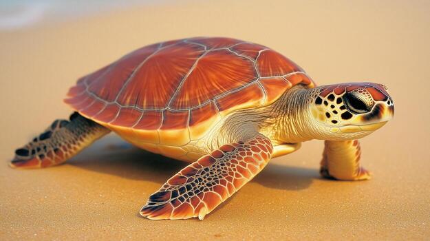 Turtle on Sandy Beach for International Turtle Day Featuring Detailed Shell and Peaceful Calm Scene photo