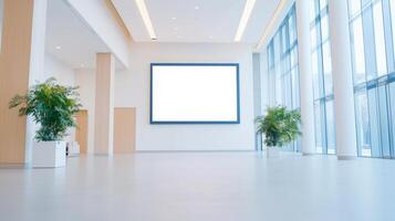 Modern Office Lobby With Large Digital Screen Displaying Minimalist Design Elements and Natural Light Accents for Professional Environments and Corporate Presentations photo