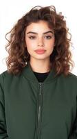 Young Woman in Green Jacket Against White Background With Curly Hair and Confident Expression, Fashion Portrait Focus, Modern Style Reflecting Youthful Confidence and Timeless Elegance photo