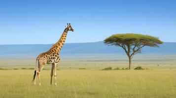Graceful Giraffe Reaching for Tall Tree in African Savannah Under Clear Blue Sky on Sunny Day Wildlife Nature Photography photo