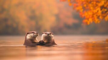 Pair of Playful Otters Floating on Their Backs Holding Hands in Tranquil Autumn Lake Surrounded by Vibrant Colorful Foliage Creating Serene Nature Scene Symbolizing Love and Togetherness photo