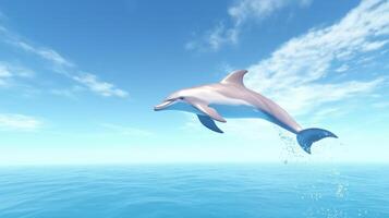 Playful Dolphin Leaping Gracefully Out of Crystal Clear Ocean Water Under Bright Blue Sky in Serene Marine Scene Capturing Joy and Freedom in Nature's Beauty photo