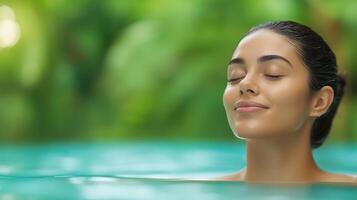 Serene Woman Relaxing in Luxurious Spa Setting with Greenery and Water Reflection for Wellness and Relaxation Themes photo