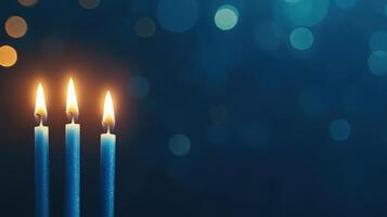 Glowing Blue Candles Illuminating Dark Night Background with Soft Bokeh Effect Creating Serene and Tranquil Atmosphere for Peaceful Meditation and Spiritual Cosy Holiday Celebrations photo