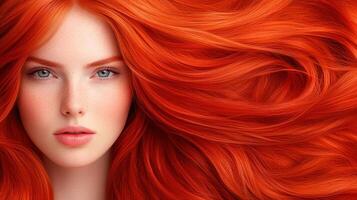 Vibrant Redhead with Flowing Hair, Freckles, and Clear Blue Eyes Featuring Striking Expression and Bold Color Contrasts in Modern Stock Photography for Beauty and Haircare Concepts photo