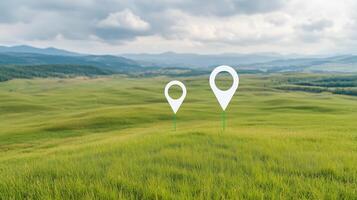 Aerial View of Lush Green Landscape with Location Markers Under Cloudy Sky Representing Connectivity Across Rolling Hills and Vast Grassland for Network Technology Concepts photo