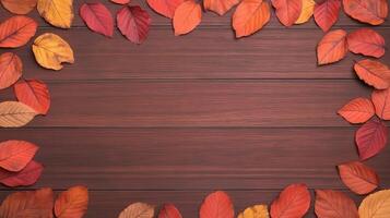Autumn Leaves in Rich Reds Oranges and Yellows Scattered on Wood Background for Seasonal Design and Thanksgiving Decor with Copy Space Frame photo