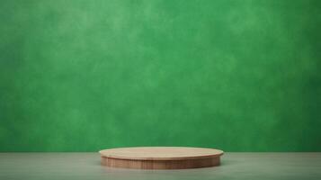 Green Screen Backdrop Behind Astronomer's Lecture Podium with Wooden Platform Ready for Presentation or Photo Shoot in Studio Setting