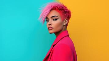 Non Binary Individual in Vibrant Pink Attire with Motion Blur Against Colorful Background, Emphasizing Bold Fashion and Expressive Style Dynamics in Curated Modern Photography photo