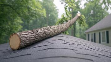 Fallen Tree on House Roof Depicting Storm Damage in Suburban Area Amid Lush Greenery with Overcast Skies in the Background Highlighting Home Insurance and Natural Disasters in Summer photo
