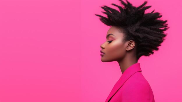 Non-Binary Individual in Stylish Attire with Motion Blur Against Vibrant Pink Background in Profile View Highlighting Modern Fashion and Identity photo