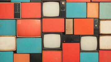 Vintage Retro TV Box Collection with Empty Screens Featuring Vibrant Colorful Backgrounds in Orange, Blue, and Red Shades, Perfect for Nostalgic Design and Creative Media Projects photo