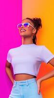 Vibrant 90s Party with Carefree Youth Celebrating in Funky Dance Scene Expressing Joyful and Fun Summer Vibes with Bold Colors and Trendy Fashion Elements for Energetic Lifestyle Themes photo