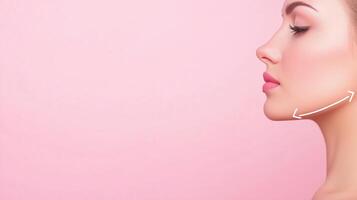 Close-Up of Woman's Profile with Perfect Skin After Cosmetic Treatment on Pink Background with White Line Indicating Facial Contour photo