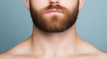 Close-Up Portrait of a Young Man with Full Beard Against Blue Background Emphasizing Grooming and Style Concept for Modern Masculinity in Stock Photography with Emphasis on Details and Texture photo