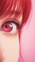 Close-Up of Vibrant Red Hair and Eye Capturing Unique Style and Color Contrast in Soft Pink Background for Trendy and Artistic Design Concepts photo