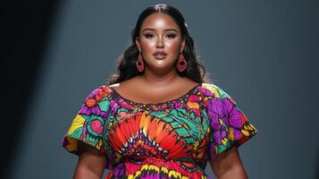 Plus Size Model with Indigenous Heritage in Vibrant Colorful Dress, Embracing Cultural Diversity and Fashion Inclusivity on Bright Studio Background photo