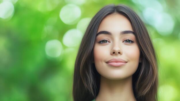 Young Woman Enjoying Nature with Peaceful Expression Surrounded by Lush Greenery and Soft Bokeh Background for Wellness and Serenity Themes in Relaxation and Mindfulness Conceptual Photography photo