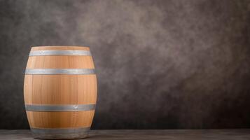 Rustic Wooden Wine or Cognac Oak Barrel in a Cool Moody Cellar with Gray Stone Wall Background Symbolizing Traditional Beverage Storage and Craftsmanship photo