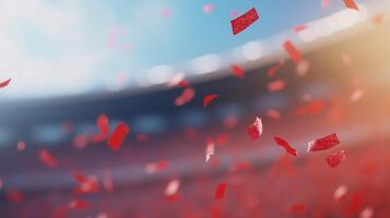 Vibrant Red Confetti Floating in Sunlit Empty Stadium Arena Celebrating Victory with Blurred Background Sky and Seating photo