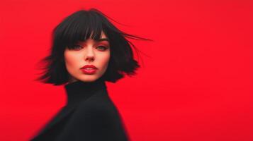 Non Binary Individual in Stylish Attire with Motion Blur Against Vibrant Red Background Capturing Fashion Essence and Dynamic Movement for Contemporary Stock Design and Editorial Use Today photo