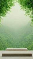Minimalist Concrete Platform Overlooking Lush Green Valley with Bamboo Leaves Framing the Scene in Serene and Tranquil Atmosphere for Zen Meditation and Yoga Retreat Design photo
