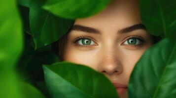 Tranquil Close-Up Of Woman's Face Partially Hidden Among Vibrant Green Leaves Highlighting Serenity And Nature Connection In Lush Botanical Setting With Focused Expression And Beautiful Eyes photo