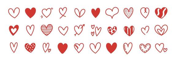 Doodle hearts sketch set. Various different hand drawn heart icon love collection isolated on white background. Red heart symbol for Valentines Day. vector