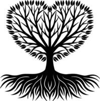 A tree roots forming the shape of a heart silhouette vector
