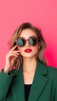 Fashionable Woman Wearing Sunglasses Posing in Studio with Pink Background and Green Blazer Trending Style photo