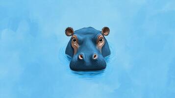 Hippopotamus Submerged in Water With Eyes and Ears Visible on Light Blue Background for Nature Photography and Wildlife Art Illustration photo