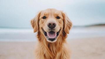 Golden Retriever Celebrating International Dog Day on Beach with Playful and Joyful Expression, Capturing the Essence of Happiness and Puppy Energy in Natural Setting, Perfect for Pet Adoration photo