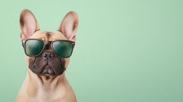 French Bulldog with Sunglasses on Green Background, Playful 3D Render of Cute Dog with Stylish Eyewear in Vibrant Color, Perfect for Summer, Fun, and Fashion-Themed Designs photo