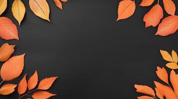 Autumn Frame With Cute Colorful Leaves and Pumpkins on Dark Background for Seasonal Design and Decoration Projects in Fall photo