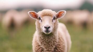 Close-Up of a Curious Sheep in a Green Pasture, Soft Focus Background, Farm Animal Portrait, Fluffy Sheep Face, Gentle Livestock, Rural Scene, Peaceful Countryside, Nature Photography photo