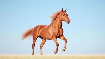 Majestic Brown Horse Galloping Across Sunny Open Plain With Flowing Mane Against Blue Sky photo