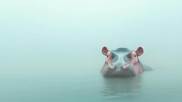 Hippo Submerged in Misty Water with Only Eyes and Ears Visible, Calm Tranquil Scene, Minimalist Wildlife Photography, Soft Pastel Tones, Surreal Nature Aesthetic, Peaceful Aquatic Habitat photo