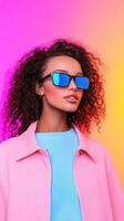 Vibrant 90s-Inspired Style with Colorful Gradient Background and Fashionable Look Featuring Sunglasses photo