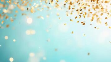 Gold Confetti Floating Down on Light Blue Background for Celebration and Festive Holiday Event Design photo