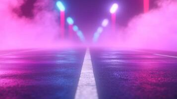 Neon Lights Reflecting on Wet Asphalt Road with Vivid Pink and Blue Fog Mist in Futuristic Urban Night Scene, Abstract 3D Rendering of Surreal Street with Symmetrical Vapor Columns photo