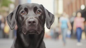 Black Labrador Guide Dog Assisting Owner on City Street in Daylight, Highlighting Canine Companionship and Assistance with Focus on Dog's Expressive Eyes and Glossy Fur photo