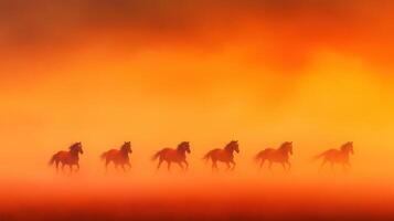 Herd of Wild Horses Galloping Across Open Plains in Majestic Sunset Hues, Capturing Freedom and Natures Beauty photo