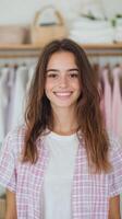 Smiling Fashion Stylist in Casual Outfit with Wardrobe Background for Trendy Blog or Social Media Content Marketing photo