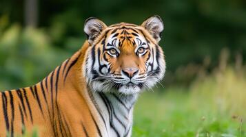 Majestic Bengal Tiger Closeup in Natural Habitat Captured on Safari in Siberia Showcasing Striking Patterns and Intense Gaze at Wildlife Conservation Park photo