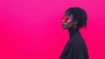 Non Binary Individual in Stylish Attire with Motion Blur, Vibrant Pink Background, Red Sunglasses, Contemporary Fashion, Side Profile, Artistic Expression, Bold Colors, Modern Identity photo