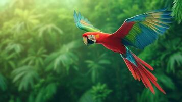 Vibrant Colorful Macaw Soaring Through Lush Green Jungle for International Bird Day Nature Wildlife Photography photo