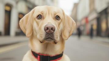 Guide Dog Assisting Owner in Urban Street, Labrador Retriever with Red Harness, Focused Expression photo