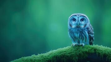 Wise Old Owl Perched on a Moss-Covered Branch in a Dense Forest with Soft Green Hues and Serene Atmosphere in Nature Photography Capturing Tranquil Wildlife Moment for Artistic Inspiration photo