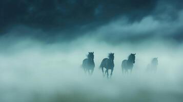 Wild Horses Galloping Through Mystical Mist on Open Plains Under Dramatic Sky Capturing Freedom and Adventure in Nature's Untamed Beauty Highlighting Serenity and Power of Majestic Animals photo