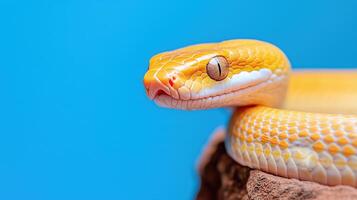 Vibrant Yellow Snake Coiled on Rock Against Bright Blue Background in Macro Close-Up Nature Photography photo